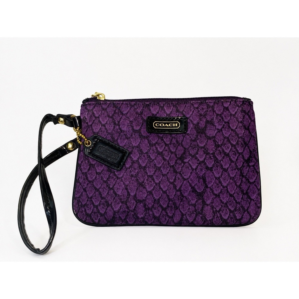 Coach Purple Snakeskin Print Wristlet Zip Pouch Black Leather Trim Gold Hardware